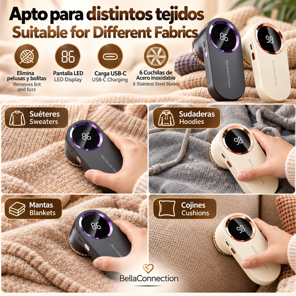 Removedor de Pelusas Eléctrico LED Digital, Recargable por USB, Afeitadora de Tela para ropa