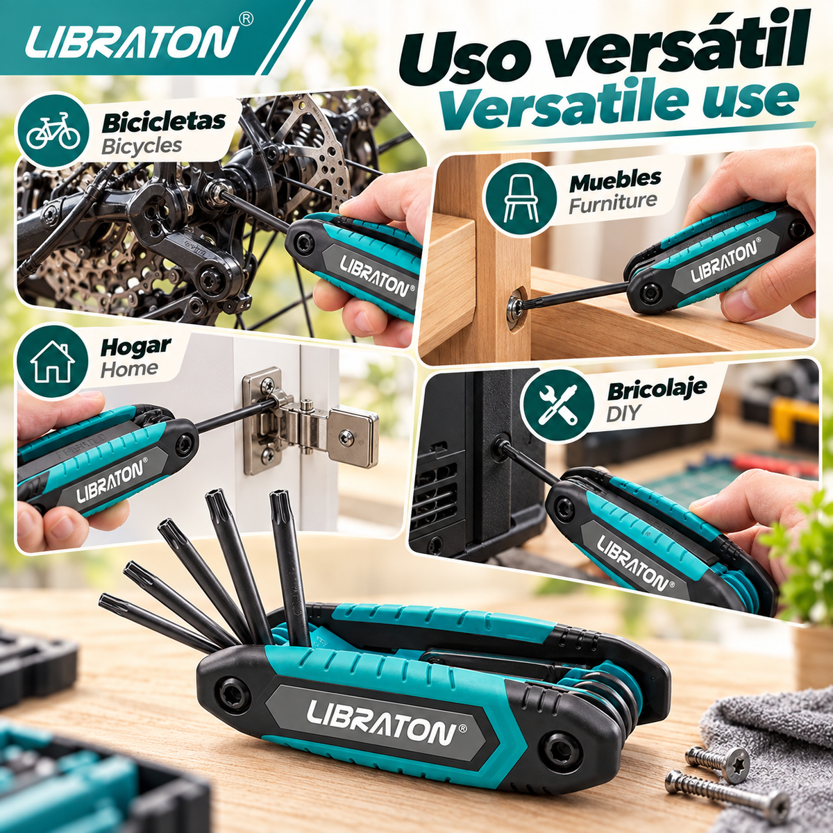 LIBRATON-Juego de llaves Allen plegables 8 en 1, Kit de llave de estrella de seguridad portátil, tamaños T-9 a T-40