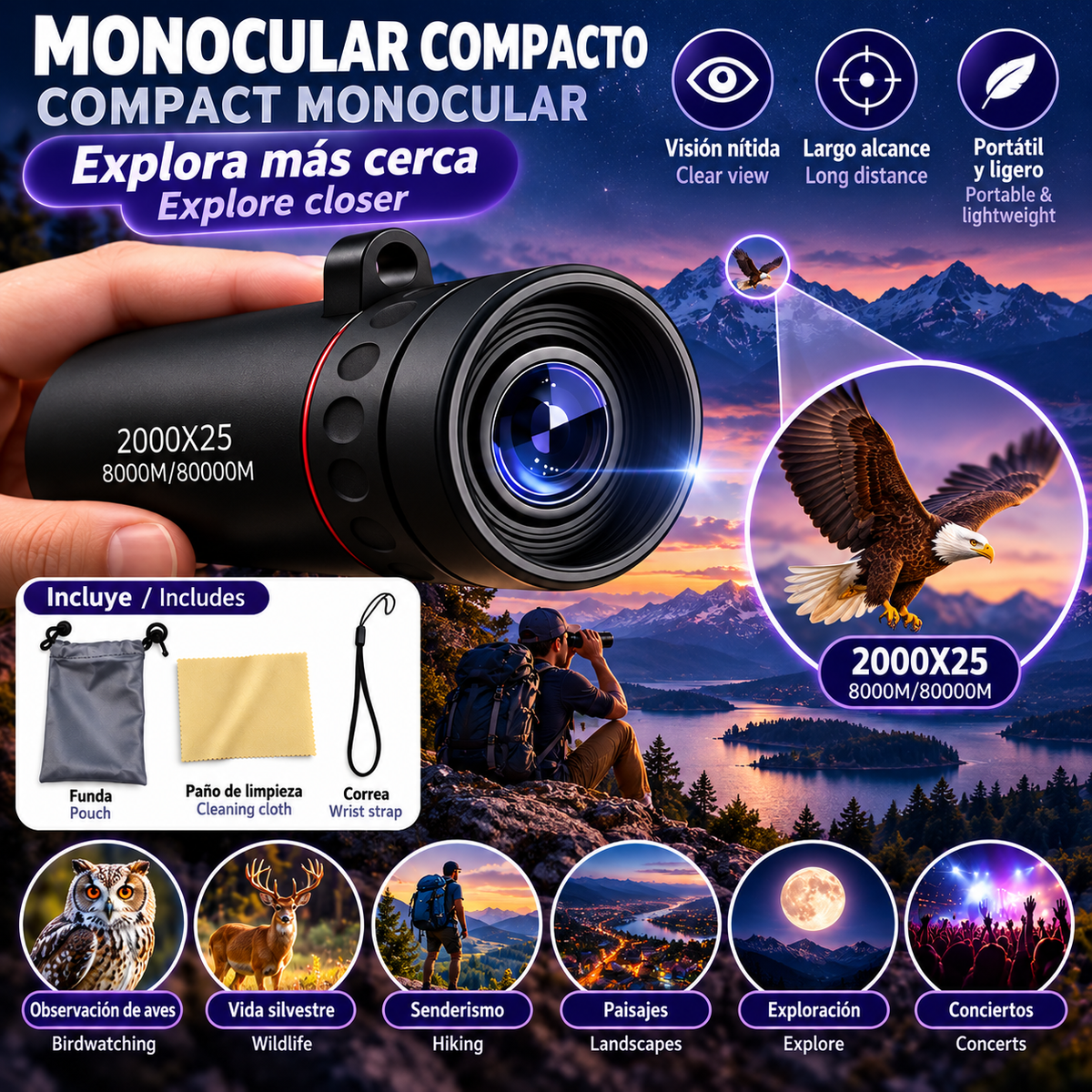Telescopio Monocular HD de 2000x25, Gran Apertura, Imágenes HD Portátil para acampar al aire libre de uso libre y para moviles
