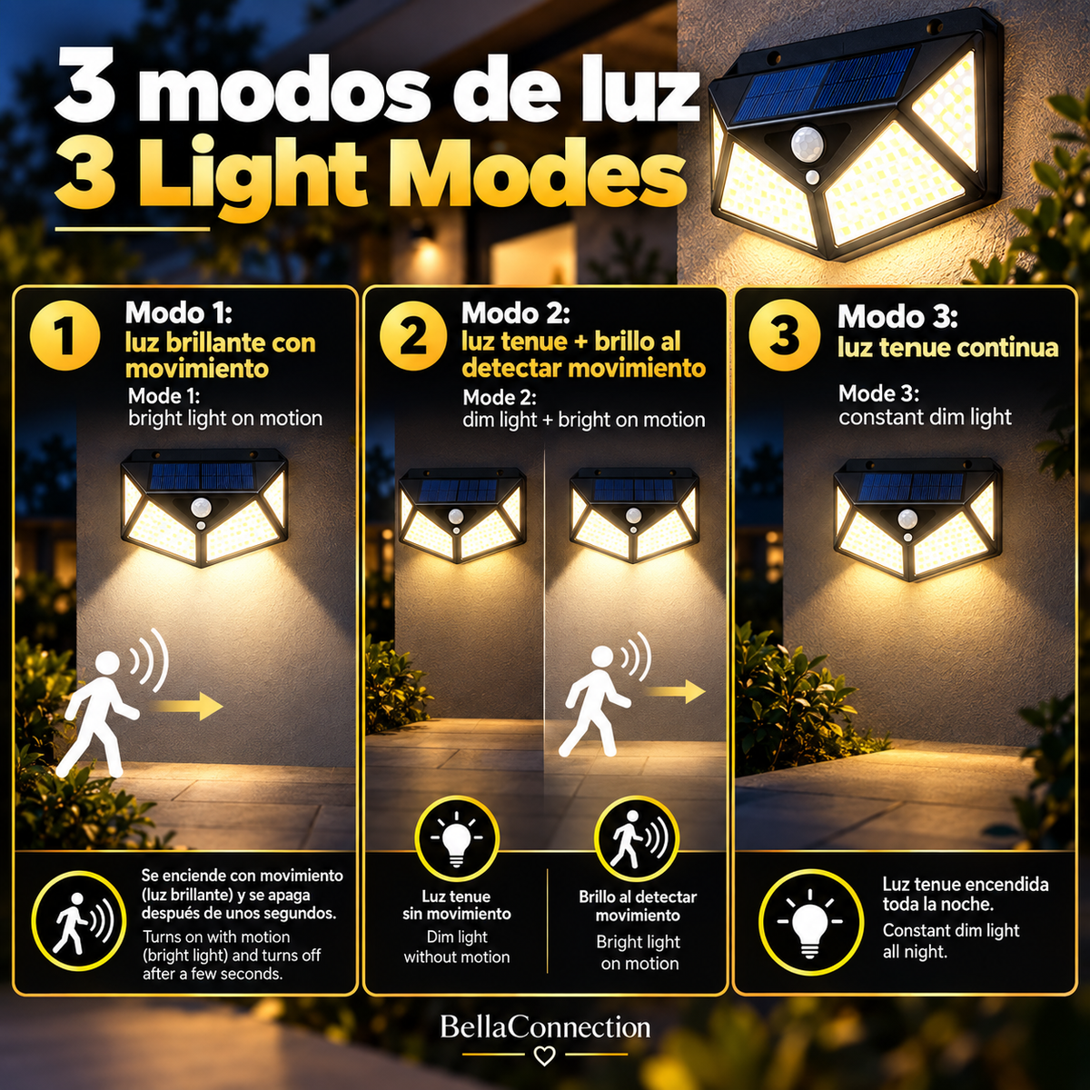 Lámpara Solar multifuncional de 100 led, Foco alimentado por luz Solar impermeable con Sensor de movimiento