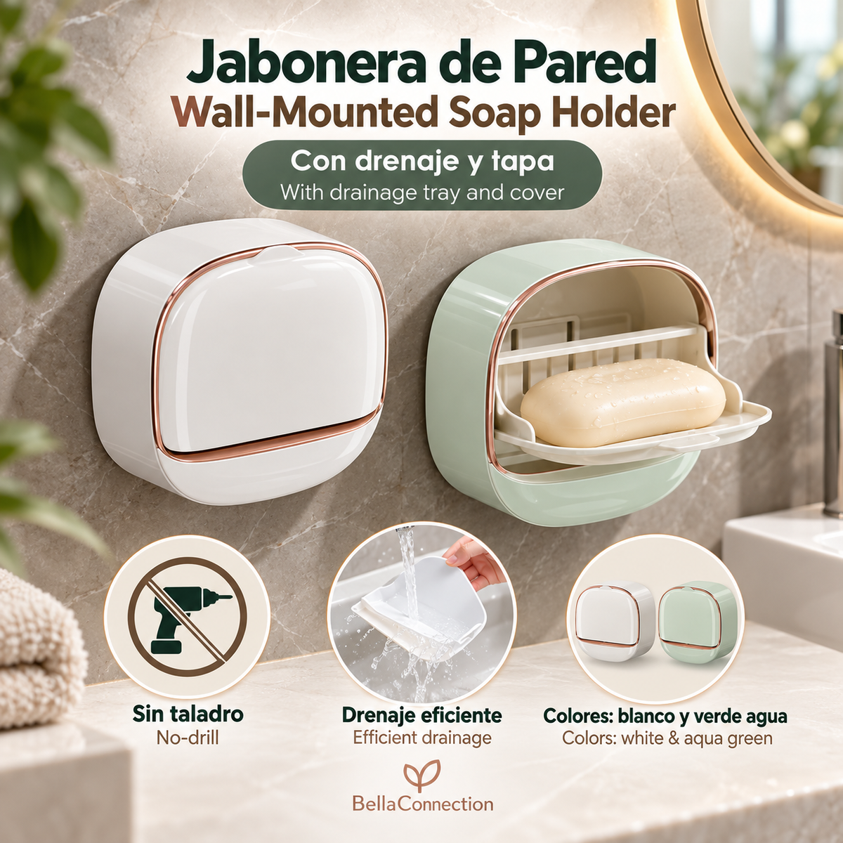Jabonera de pared con bandeja de drenaje, soporte de baño para la  pared, caja con dispensador y drenaje