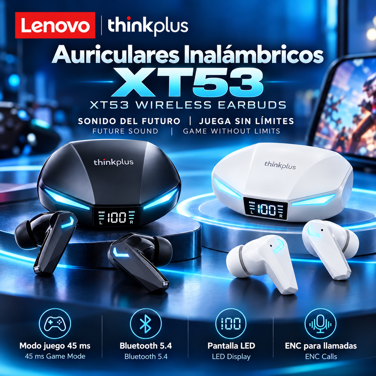 Auriculares inalámbricos Lenovo XT53 con Bluetooth,Pantalla digital LED, inalámbricos, deportivos, con llamadas HD y baja latencia