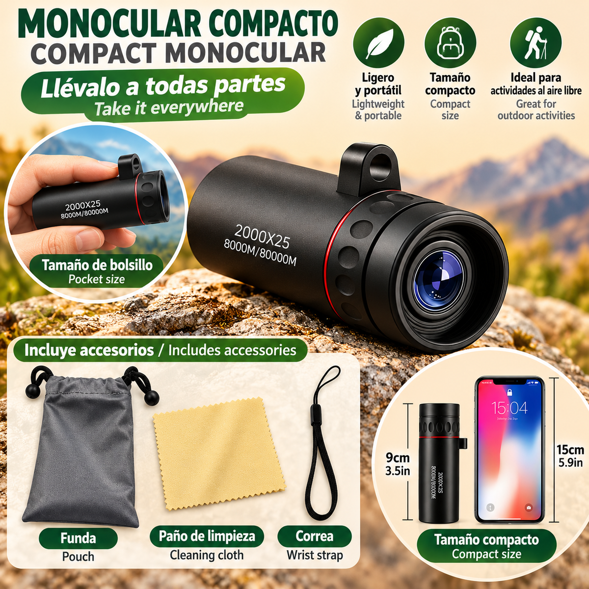 Telescopio Monocular HD de 2000x25, Gran Apertura, Imágenes HD Portátil para acampar al aire libre de uso libre y para moviles