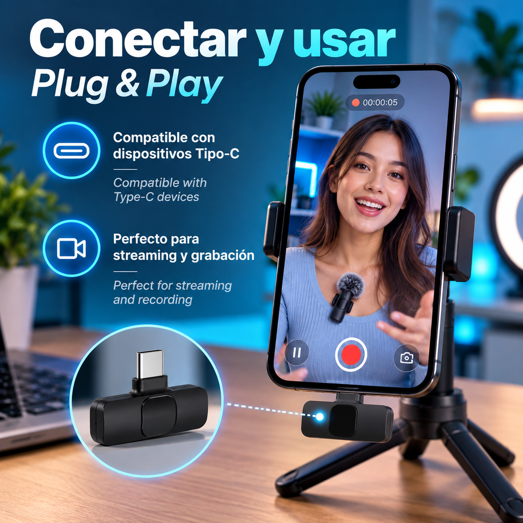 Micrófono Lavalier Inalámbrico USB-C con Reducción de Ruido