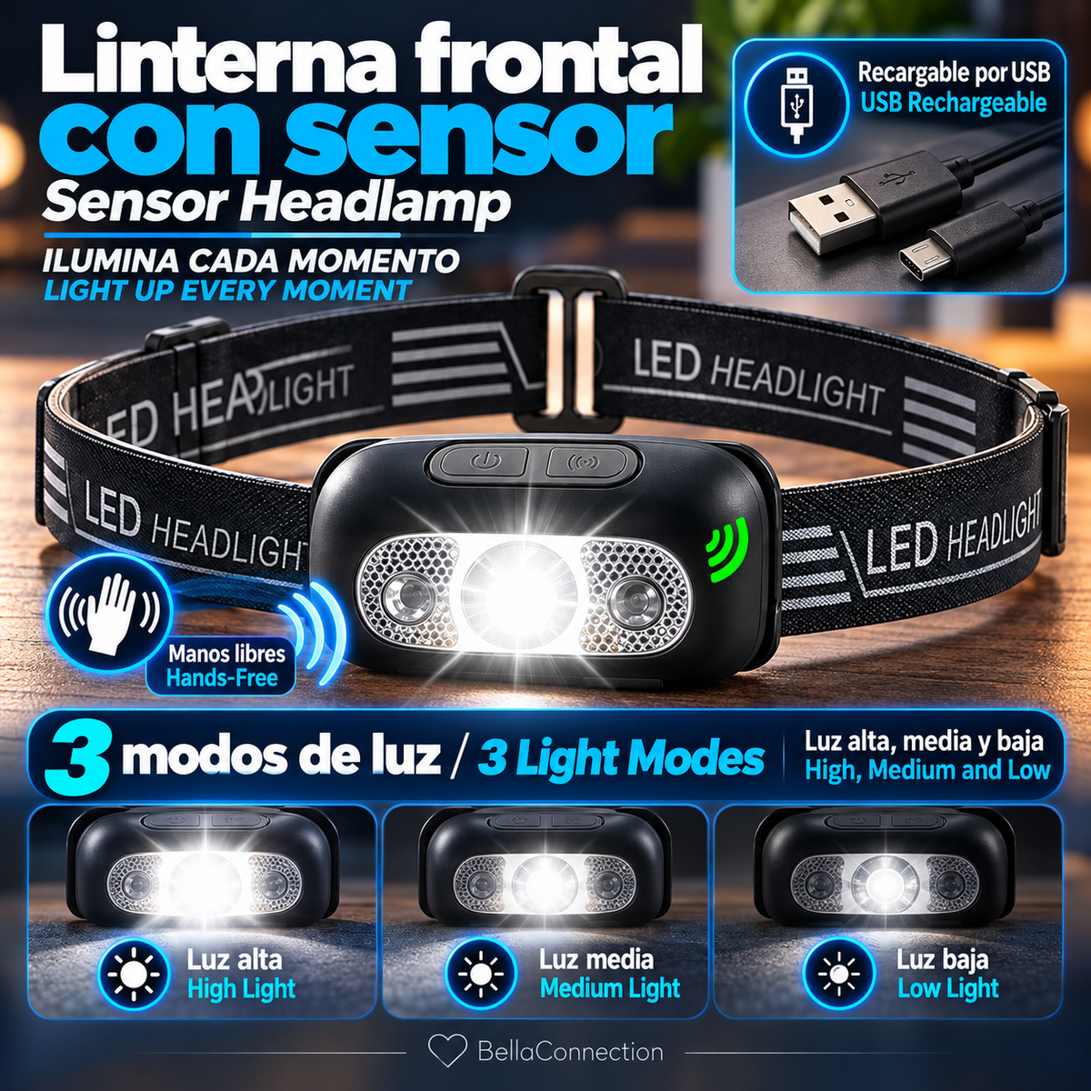 Linterna frontal potente, portátil con sensor LED Recargable por USB, lámpara de iluminación exterior con multiples usos