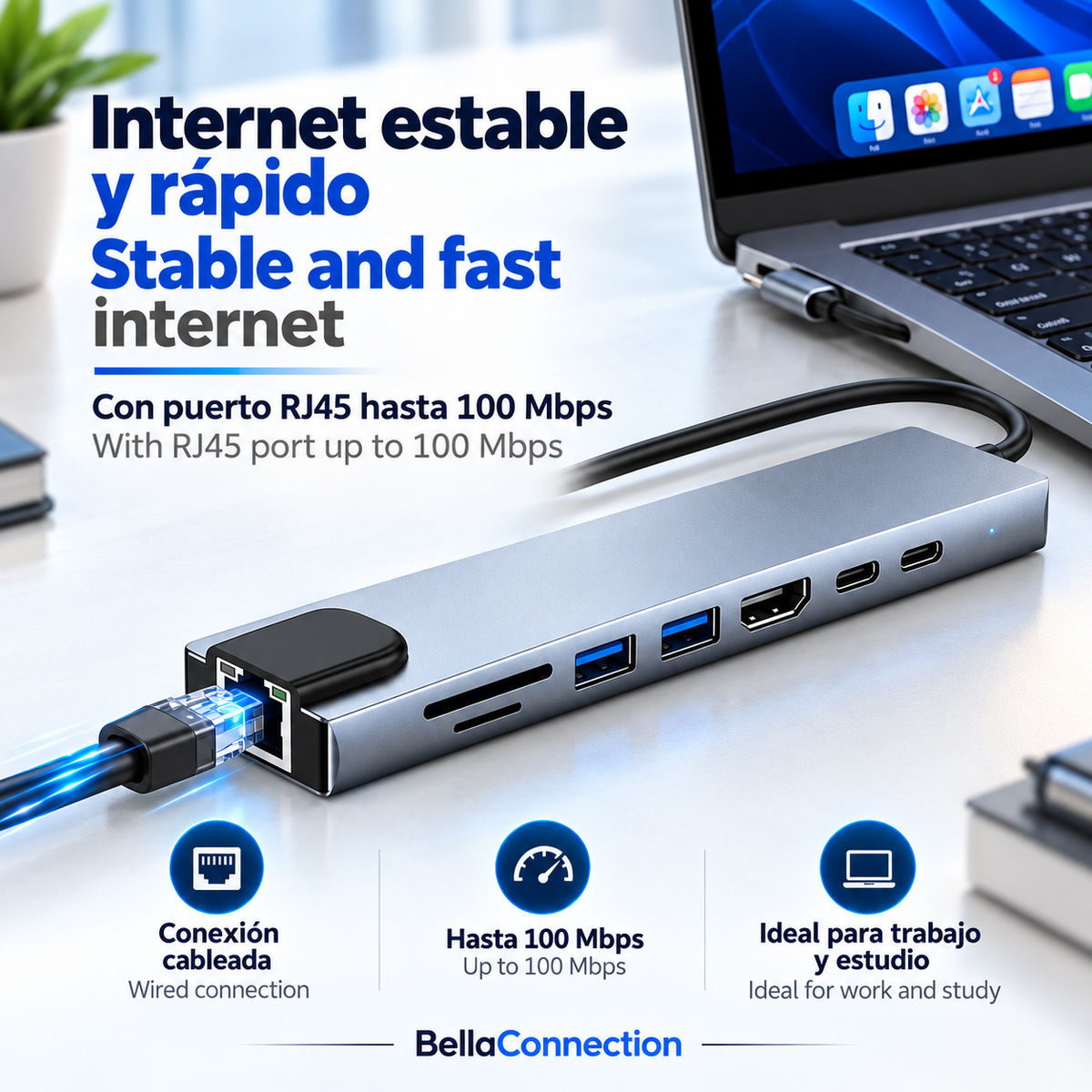 Hub USB C 8 en 1 Adaptadores Flash, estacion para 8 conectores diferentes, HDMI 4K, Ethernet, USB 3.0 y PD 100W para MacBook, Portátil, Laptop