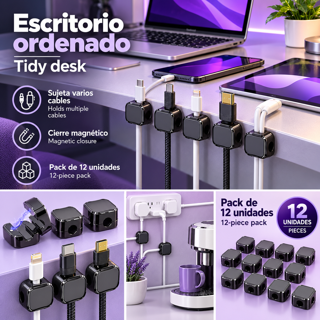 Organizadores Magnéticos de Cables Adhesivos – Pack de 12