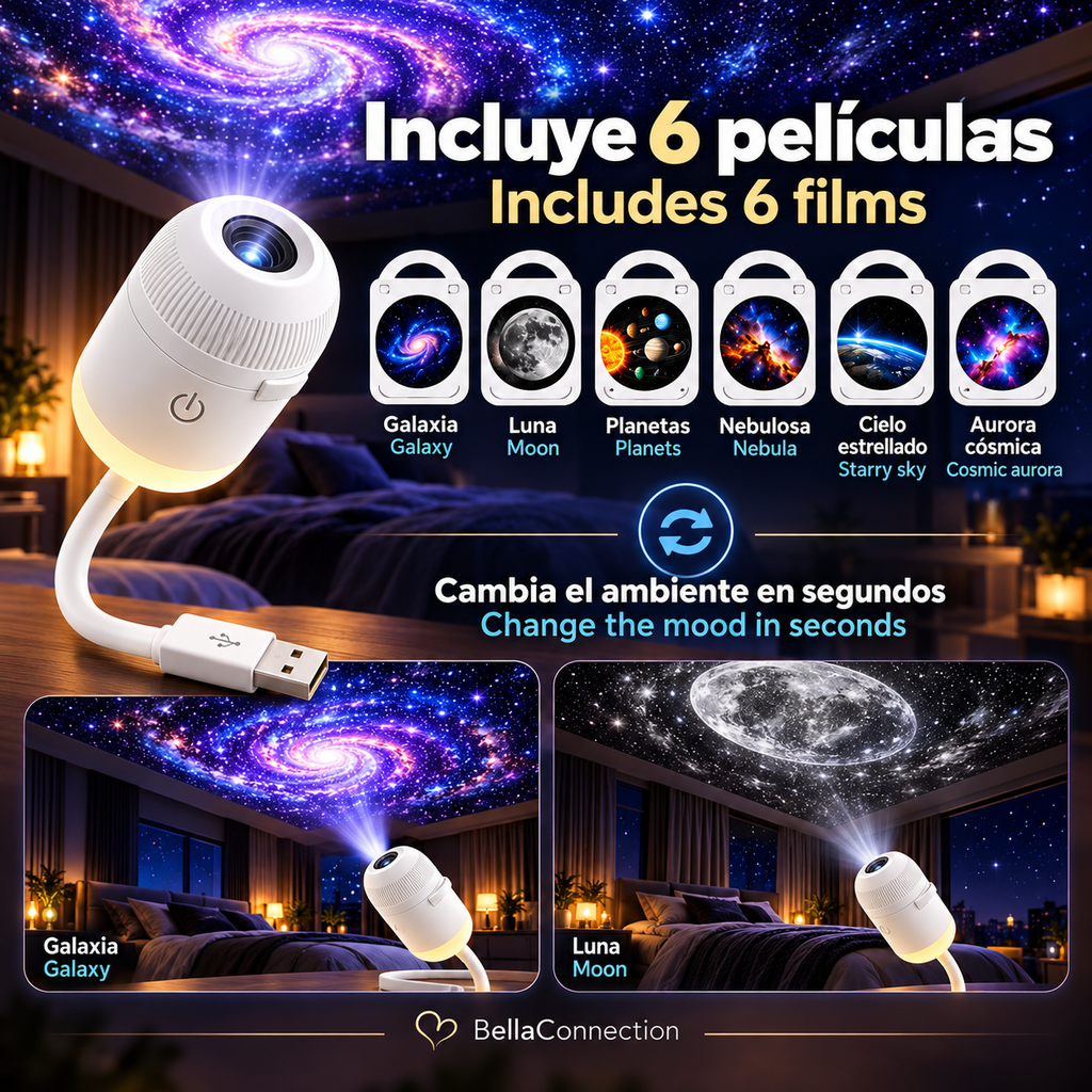 Mini proyector de estrellas, Lámpara proyectora, luz nocturna con 6 películas, luz ambiental de cielo estrellado decoración del hogar