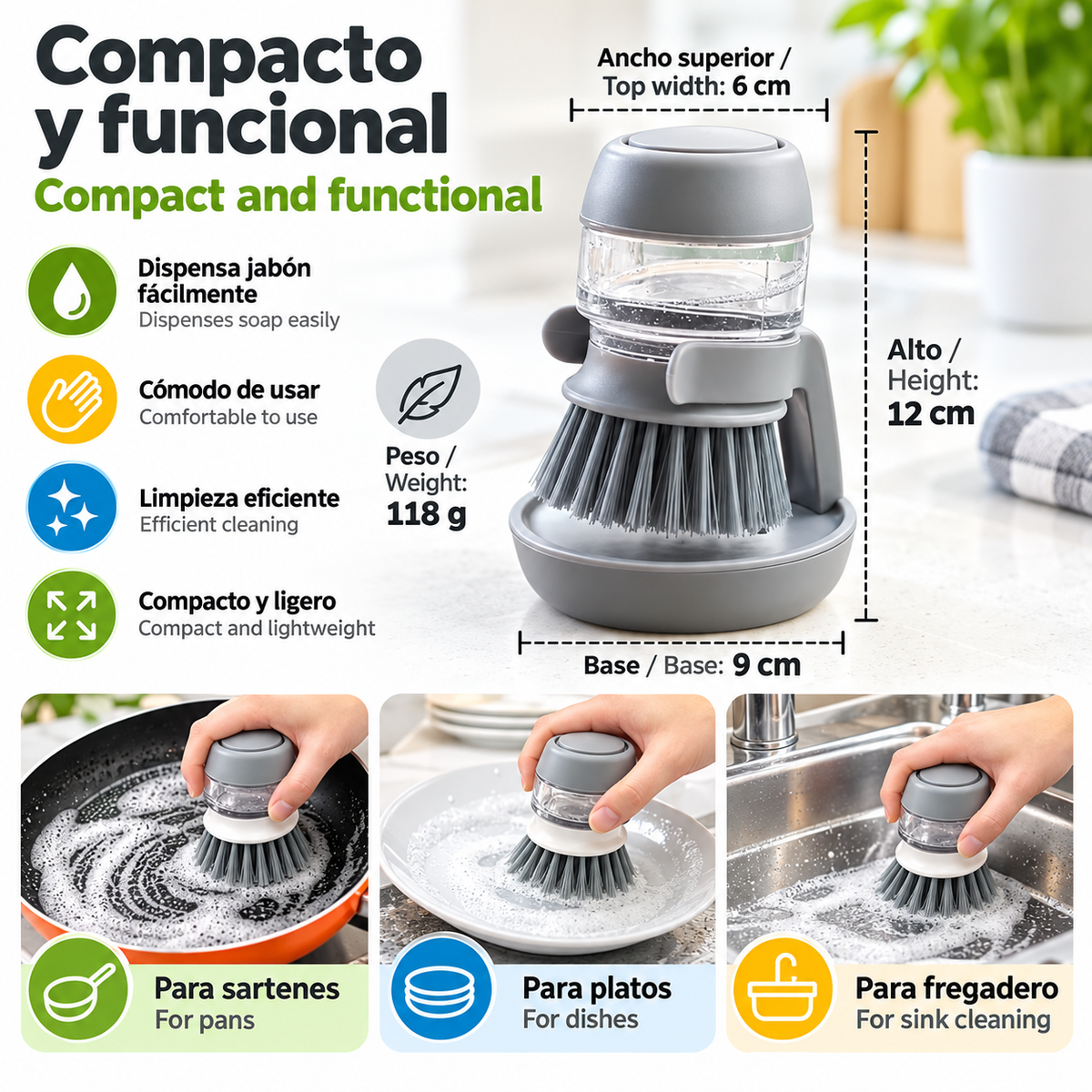 Cepillo dispensador de jabón para productos de cocina, cepillos para fregar, fregador de platos 2 en 1 con soporte