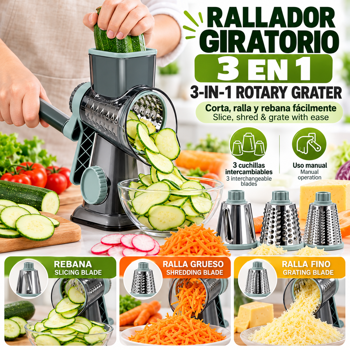 Rallador giratorio 3 en 1, rebanador Manual versátil para distintos tipos de comida, Herramienta Multifuncional de Cocina
