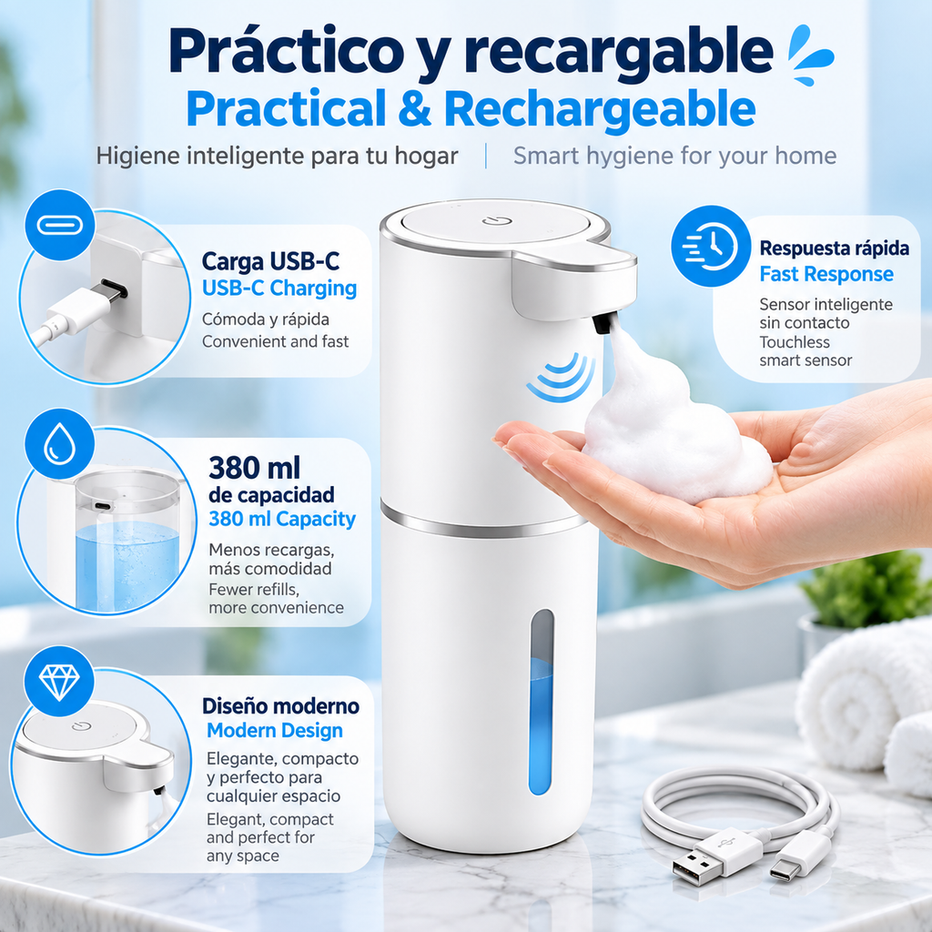 Dispensador automático de jabón espumoso con sensor para baño y cocina, dispensador de jabón espumoso, 380ml, recargable por USB