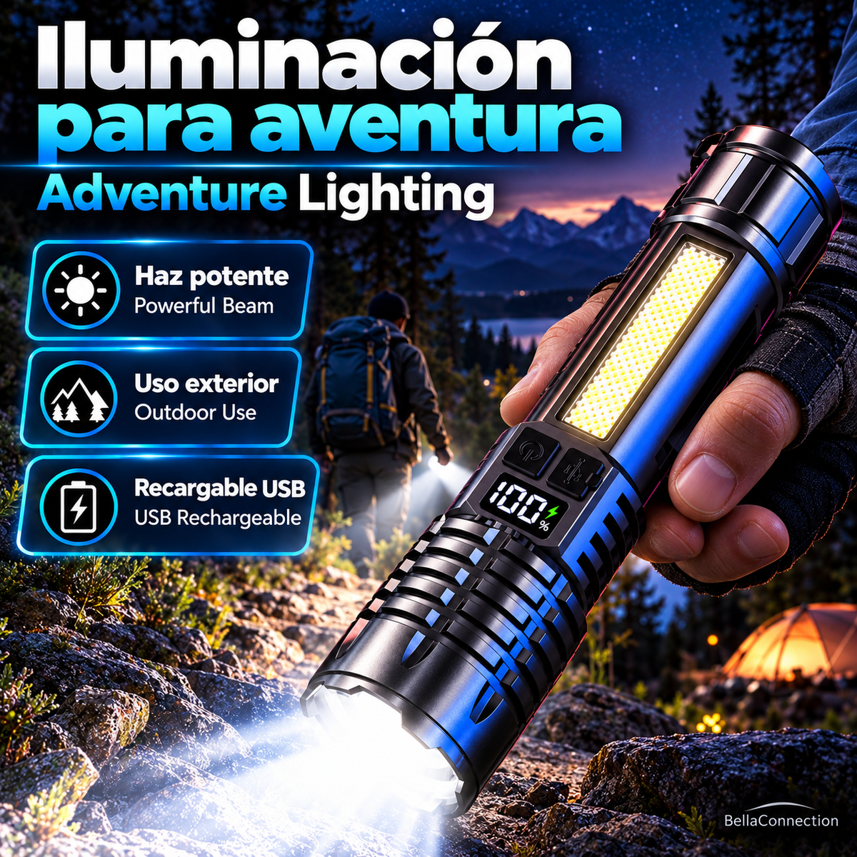 Linterna LED de alta potencia,con luz impermeable recargable tipo C con lámpara lateral COB