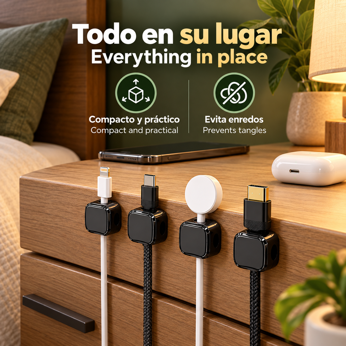Organizadores Magnéticos de Cables Adhesivos – Pack de 12