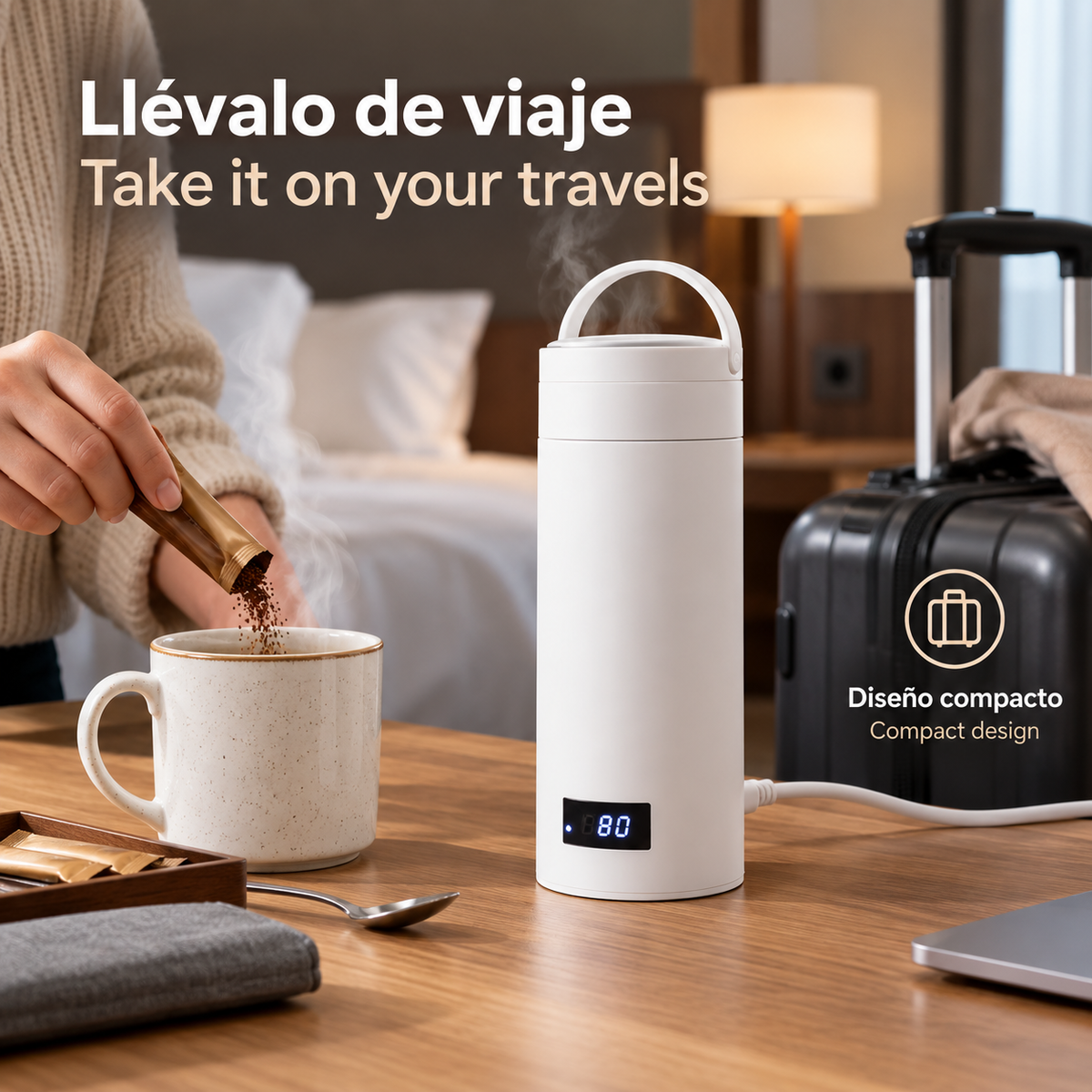 Botella Eléctrica Portátil de 500 ml, Taza Térmica para Té y Café, Hervidor de Agua de Viaje, Botella de Agua Anti-Escaldaduras.