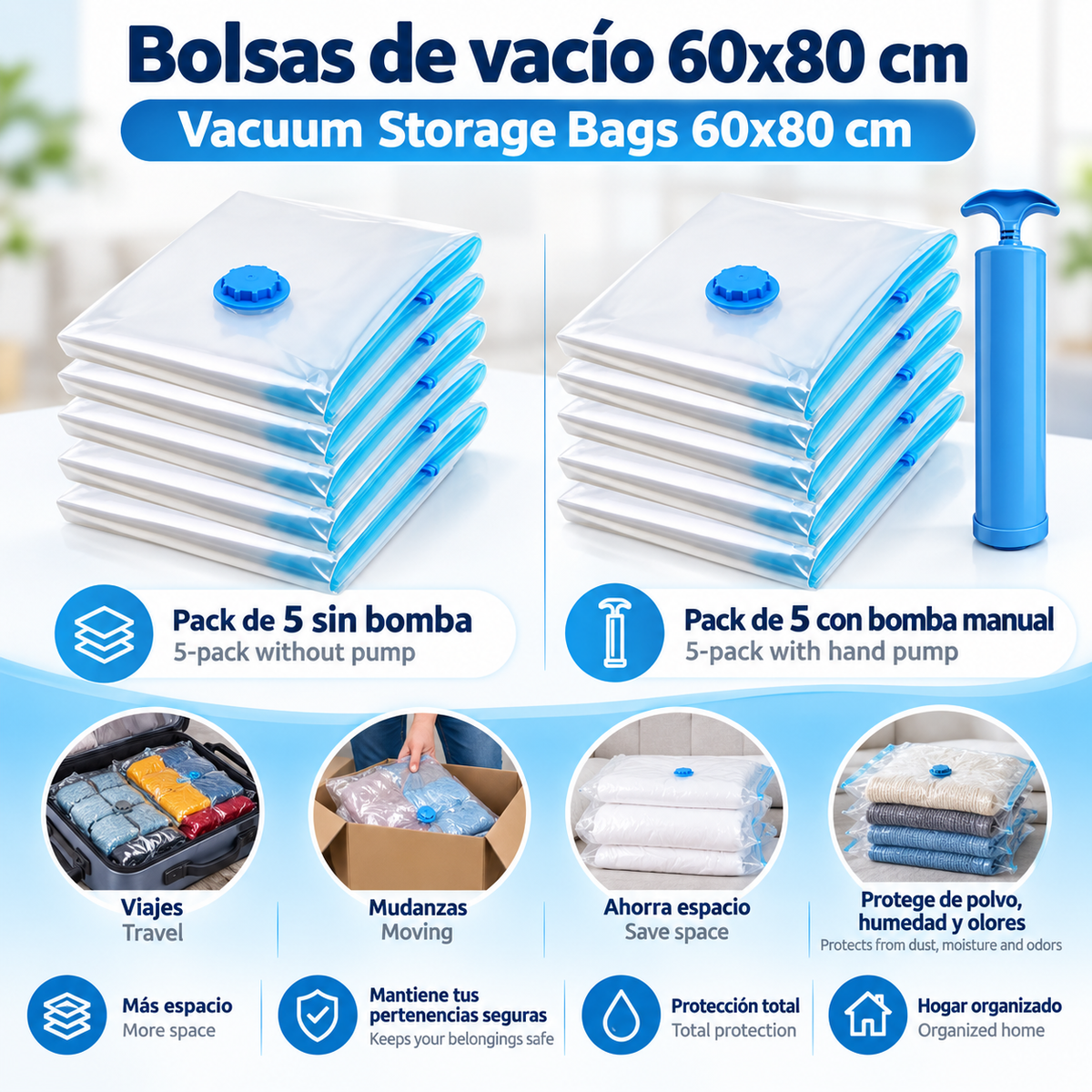 Bolsas al Vacío 60 × 80 cm – Pack de 5 con o sin Bomba Manual