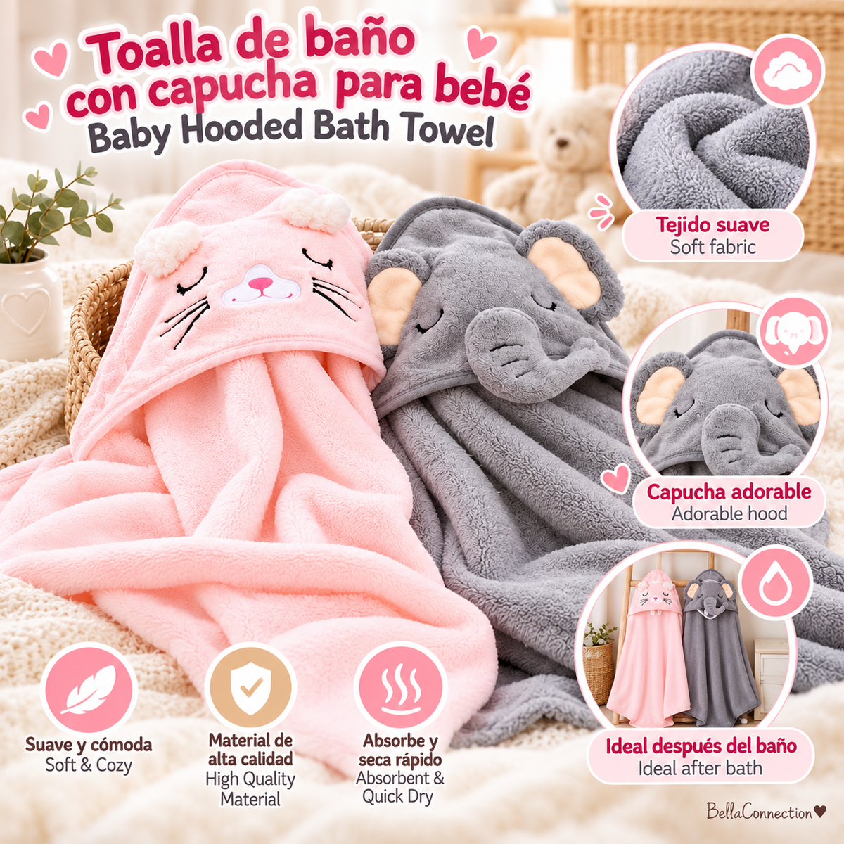 Toallas de baño con capucha de animales de dibujos animados para bebé, albornoz bonito para niño pequeño, envoltura cálida para dormir