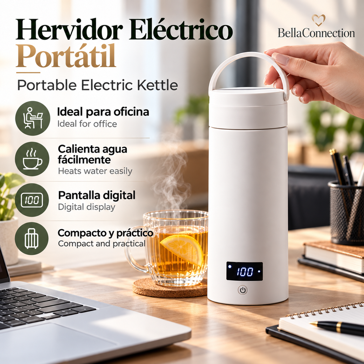 Botella Eléctrica Portátil de 500 ml, Taza Térmica para Té y Café, Hervidor de Agua de Viaje, Botella de Agua Anti-Escaldaduras.