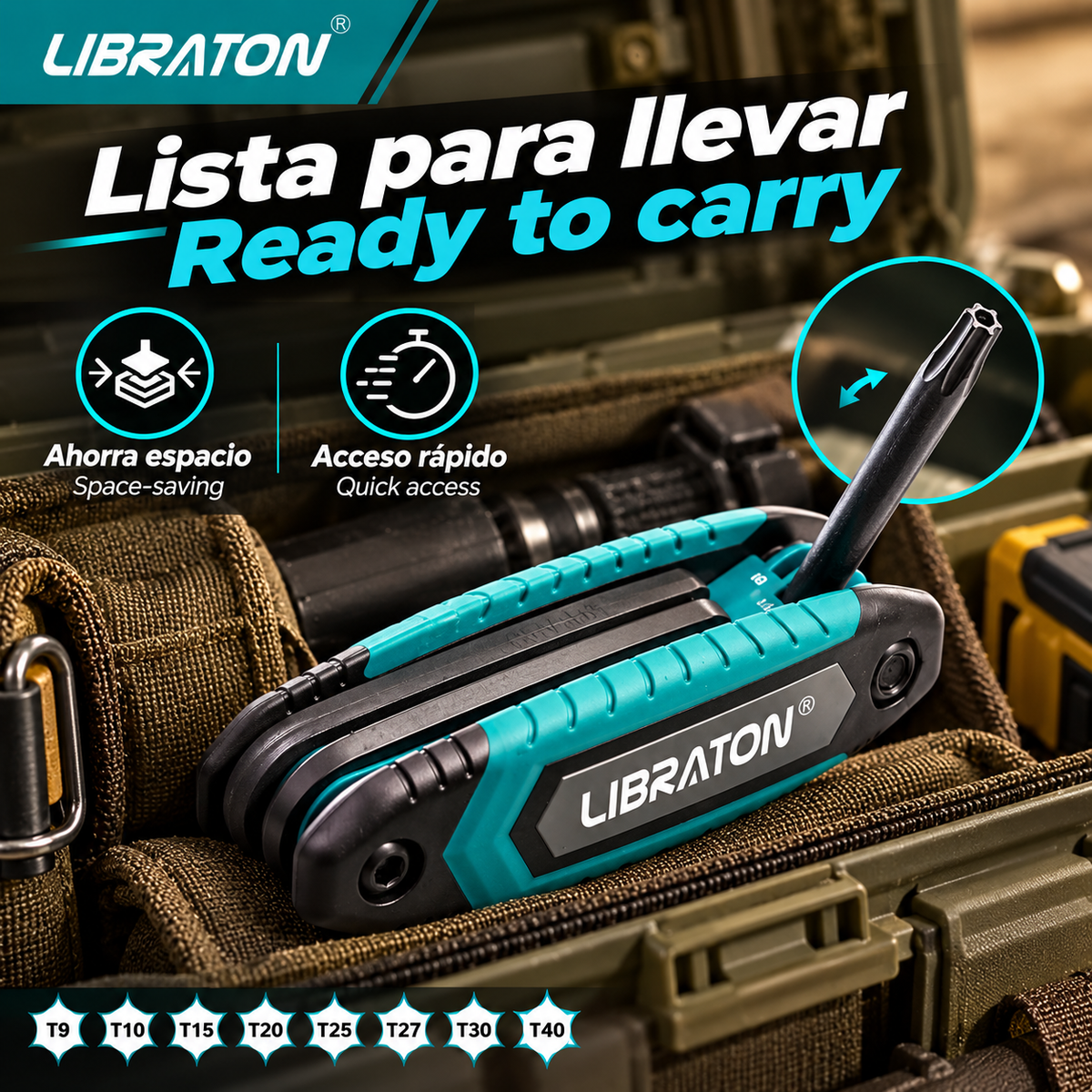 LIBRATON-Juego de llaves Allen plegables 8 en 1, Kit de llave de estrella de seguridad portátil, tamaños T-9 a T-40