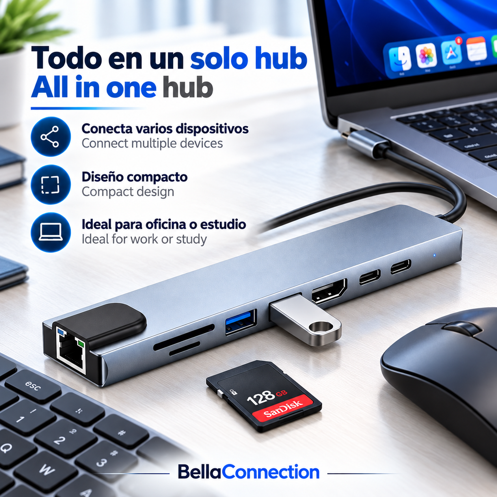 Hub USB C 8 en 1 Adaptadores Flash, estacion para 8 conectores diferentes, HDMI 4K, Ethernet, USB 3.0 y PD 100W para MacBook, Portátil, Laptop