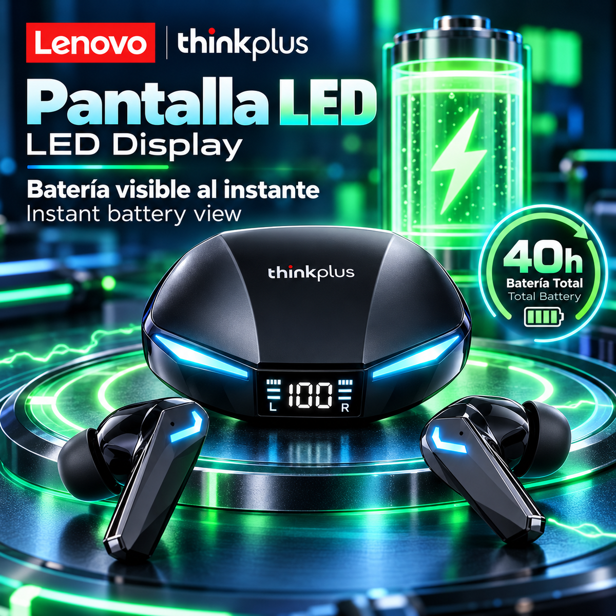 Auriculares inalámbricos Lenovo XT53 con Bluetooth,Pantalla digital LED, inalámbricos, deportivos, con llamadas HD y baja latencia