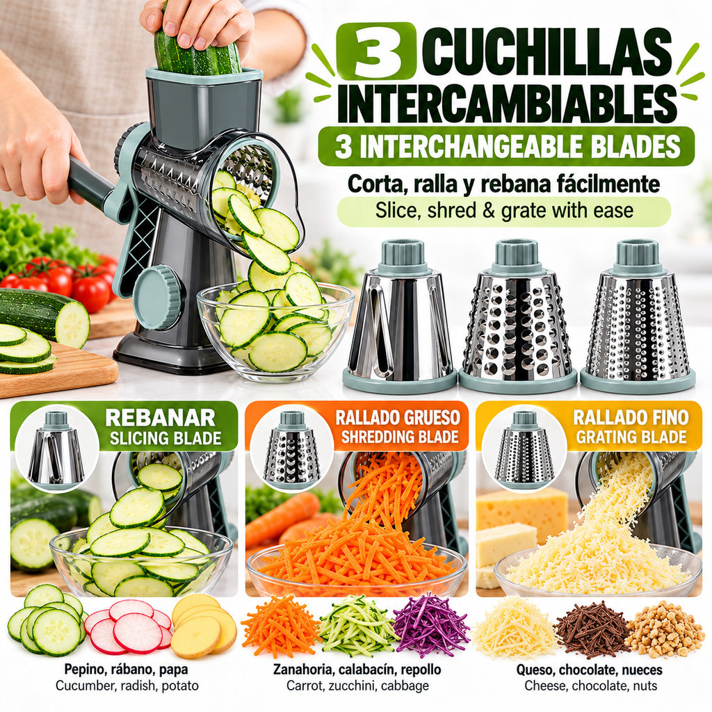 Rallador giratorio 3 en 1, rebanador Manual versátil para distintos tipos de comida, Herramienta Multifuncional de Cocina