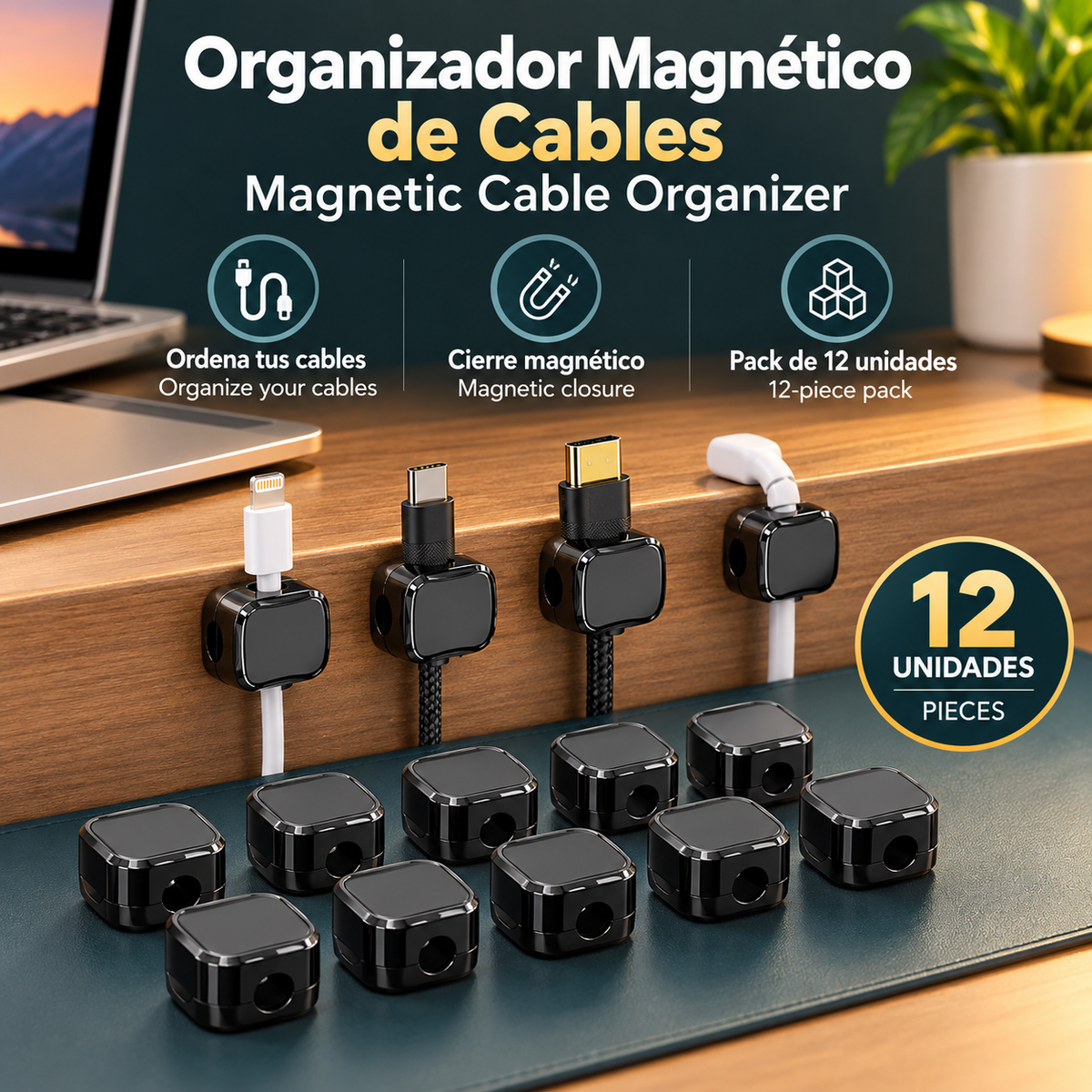 Organizadores Magnéticos de Cables Adhesivos – Pack de 12