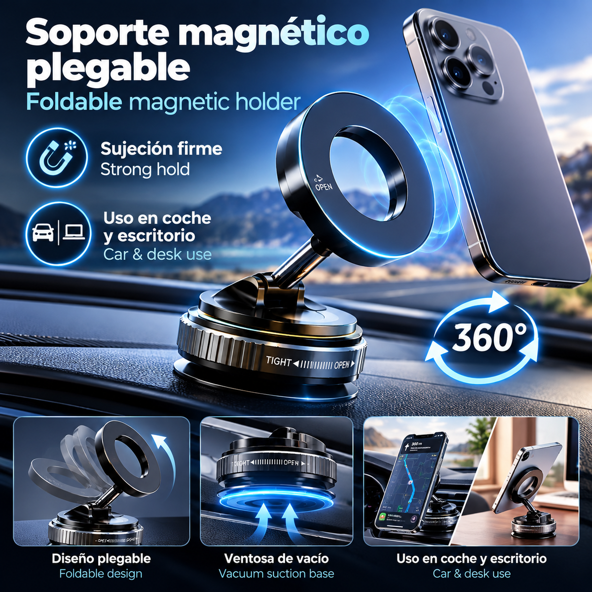 Soporte Magnético para Teléfono con Rotación de 360 Grados ° Soporte Giratorio para Teléfono-Diseño plegable, ventosa