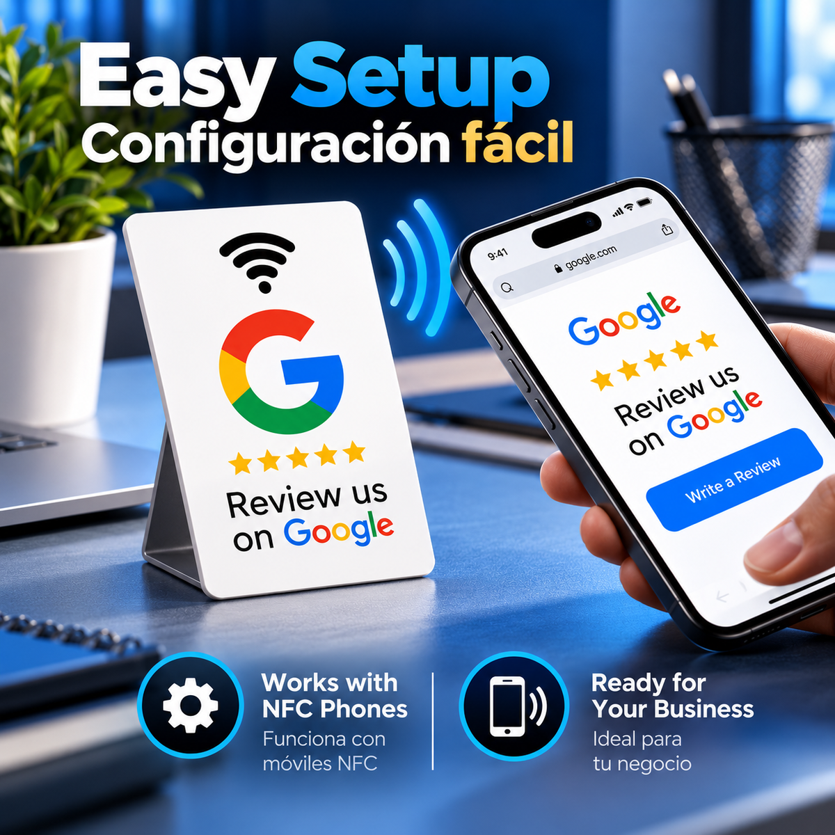 Tarjeta NFC de reseña de Google Aumente sus reseñas, Material de PVC duradero PACK DE 5