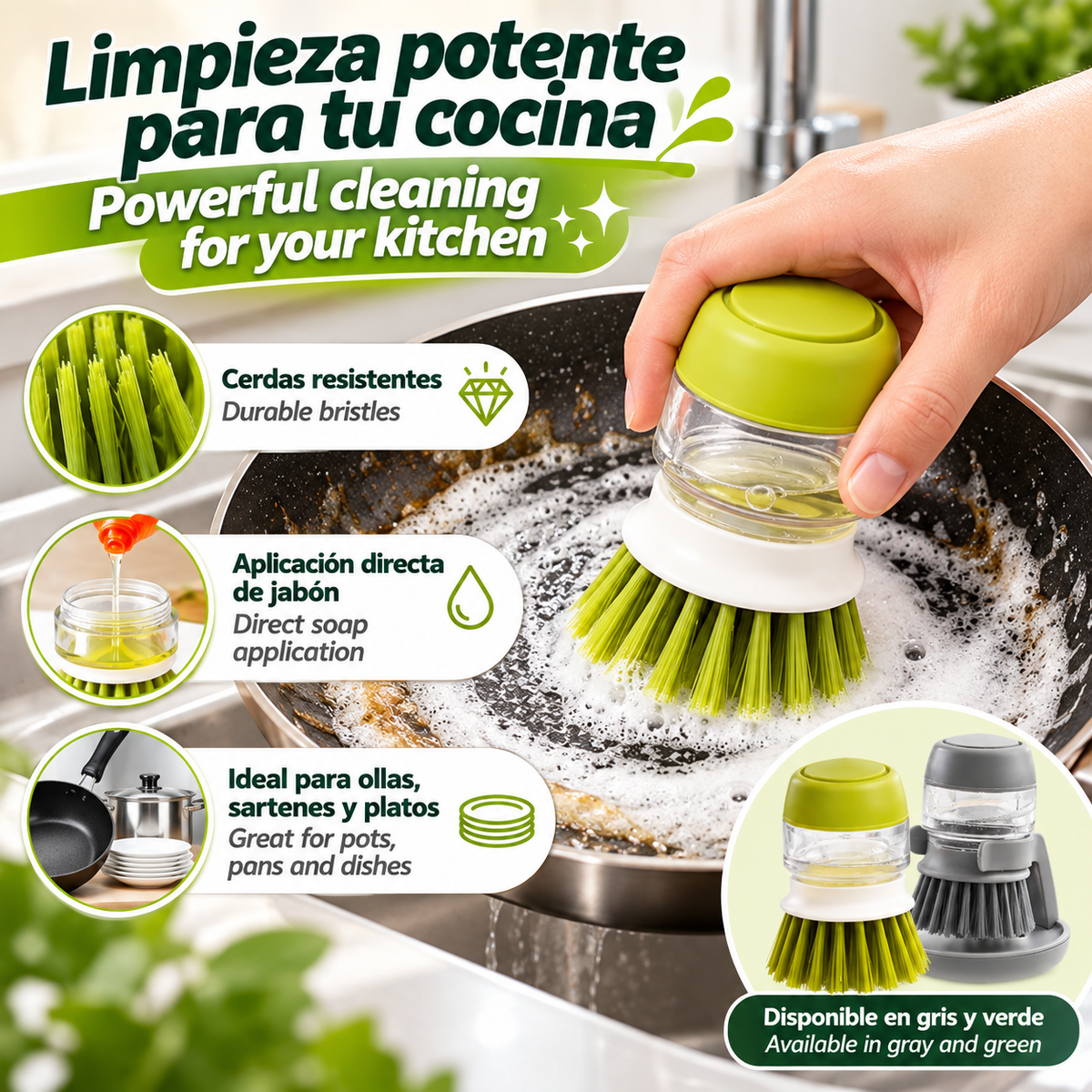 Cepillo dispensador de jabón para productos de cocina, cepillos para fregar, fregador de platos 2 en 1 con soporte