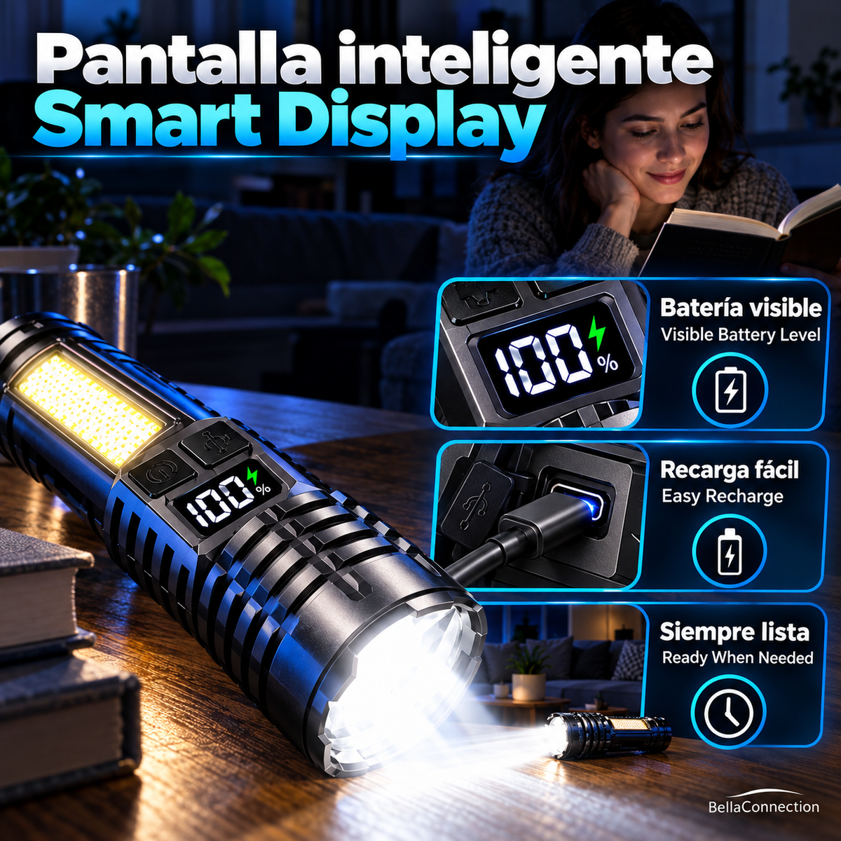 Linterna LED de alta potencia,con luz impermeable recargable tipo C con lámpara lateral COB