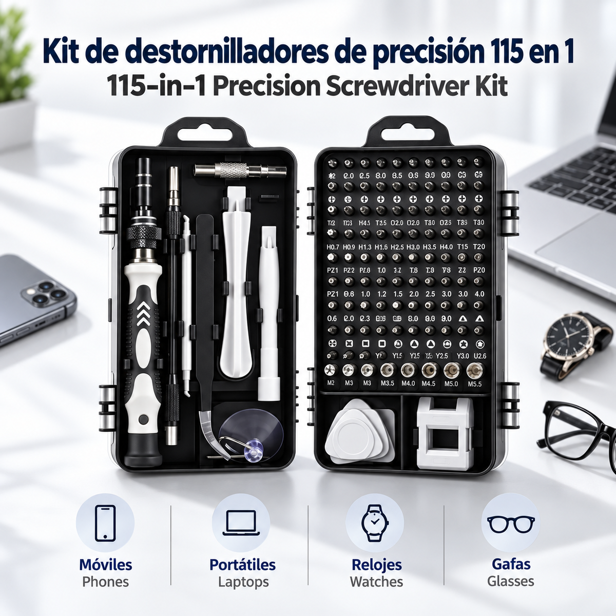 Kit de Destornilladores de Precisión 115 en 1 para Electrónica