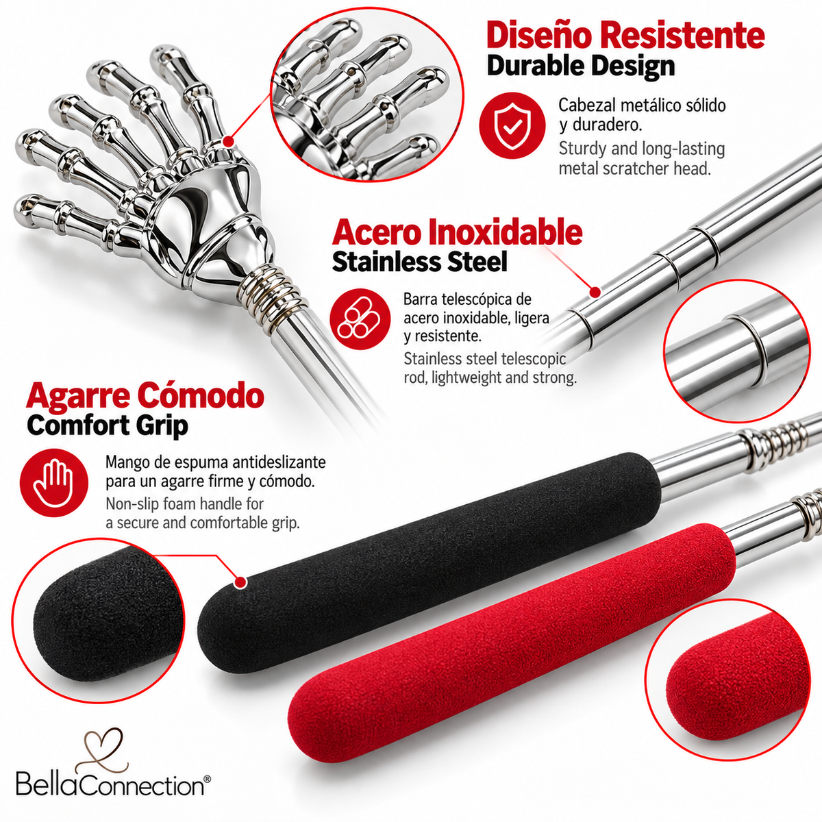 Rascador de espalda de acero inoxidable,Varilla Telescópica Extensible para Aliviar la Picazón y Masajear la Espalda, Portátil con Mango de Goma