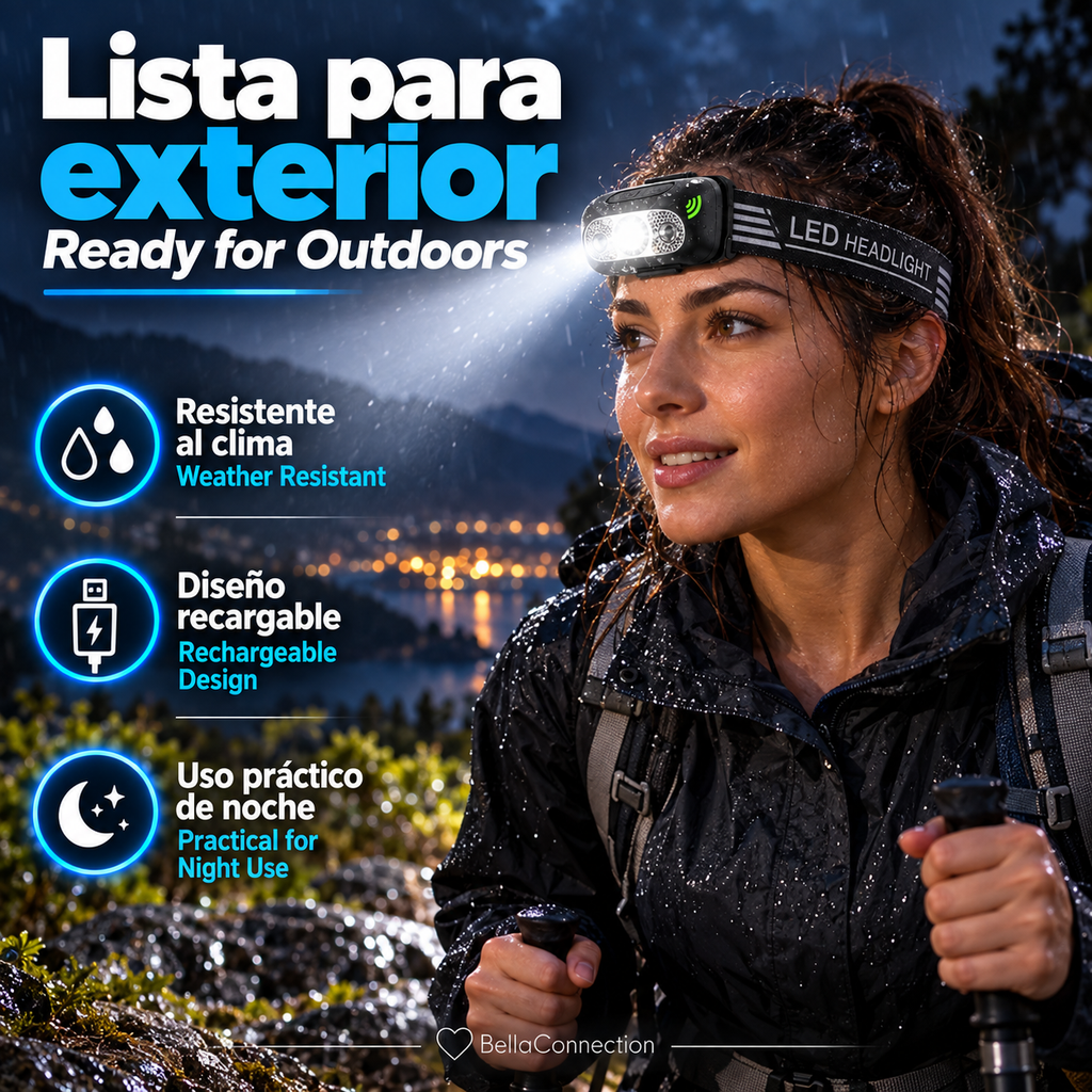 Linterna frontal potente, portátil con sensor LED Recargable por USB, lámpara de iluminación exterior con multiples usos