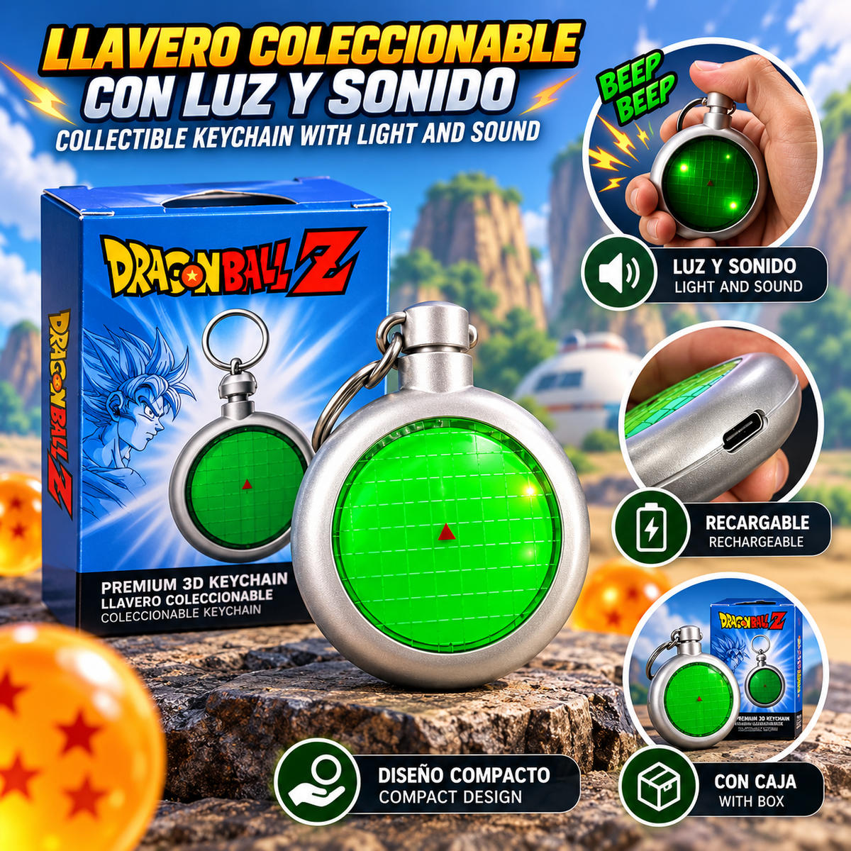 Radar de Dragon Ball, Recargable, Llavero con Sonido y Luz Adorno Llavero Coleccionable
