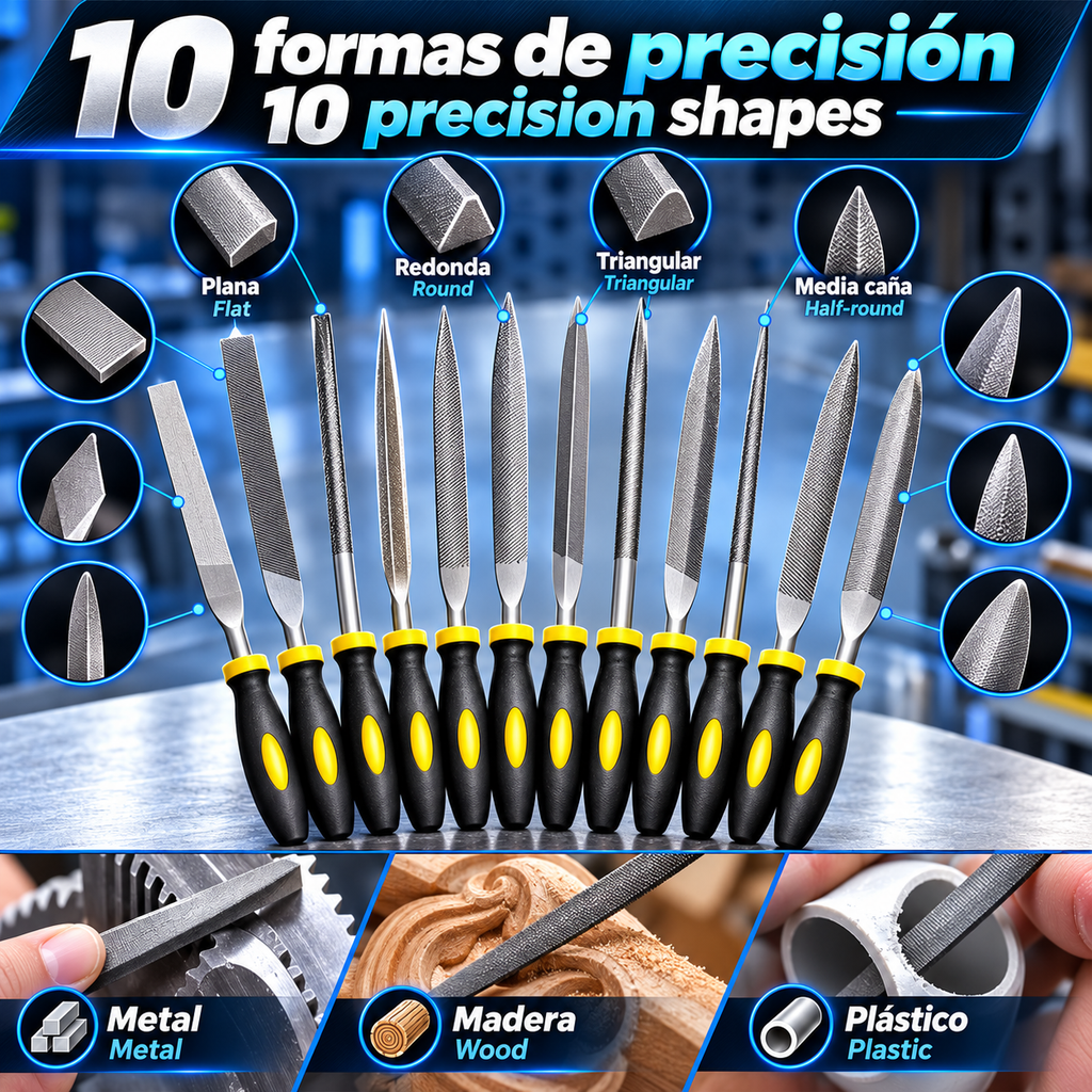 Juego de limas Kit 10uidades de precisión con agujas de acero de alto contenido de carbono, mangos ergonómicos antideslizantes