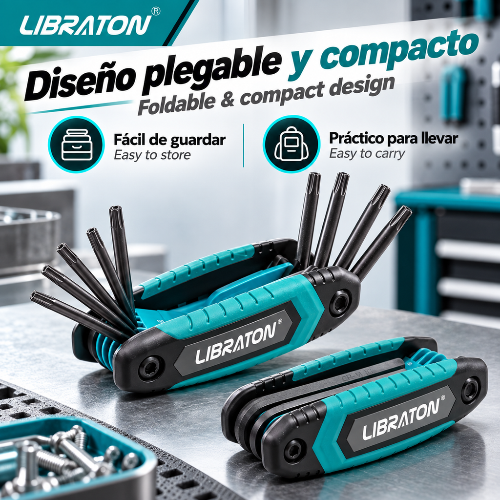 LIBRATON-Juego de llaves Allen plegables 8 en 1, Kit de llave de estrella de seguridad portátil, tamaños T-9 a T-40