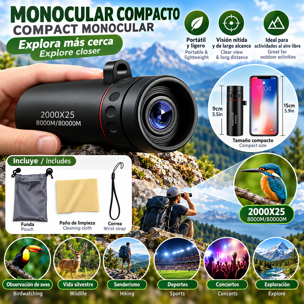 Telescopio Monocular HD de 2000x25, Gran Apertura, Imágenes HD Portátil para acampar al aire libre de uso libre y para moviles