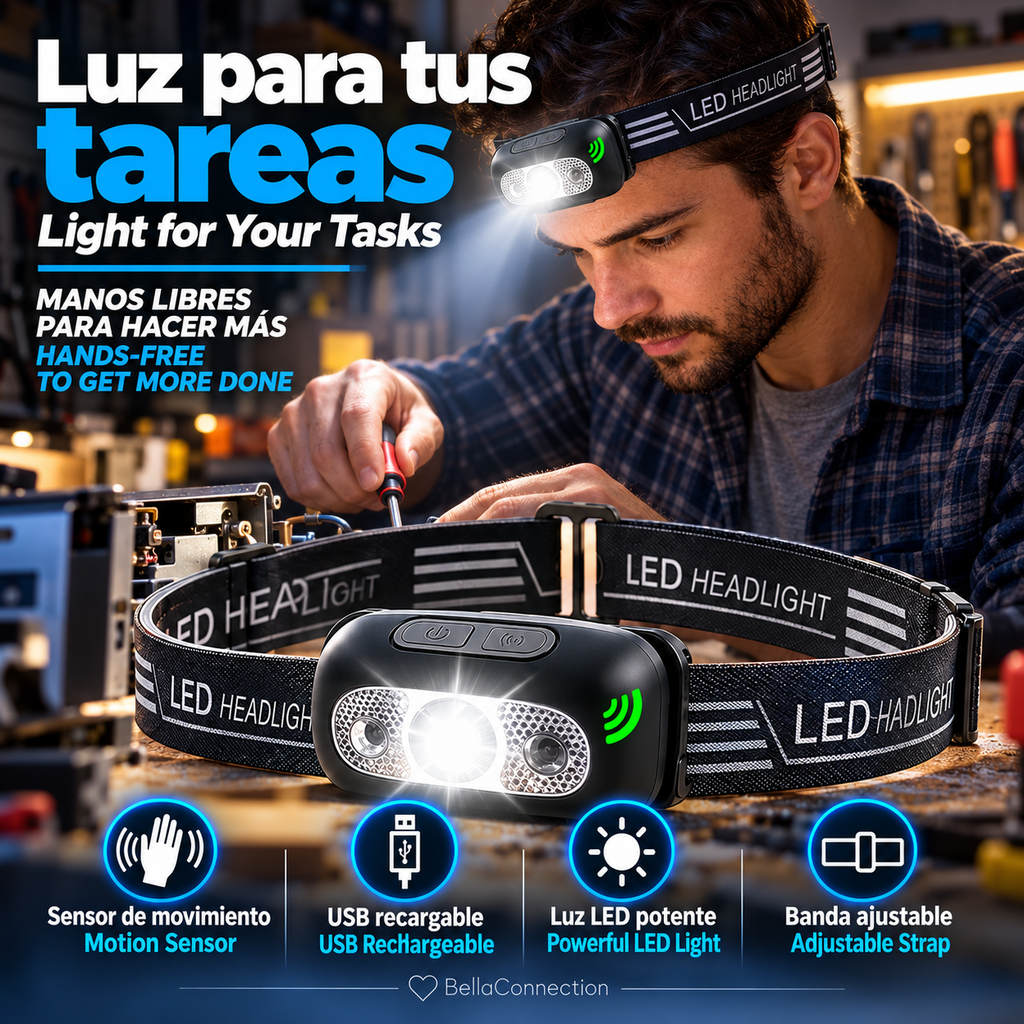 Linterna frontal potente, portátil con sensor LED Recargable por USB, lámpara de iluminación exterior con multiples usos