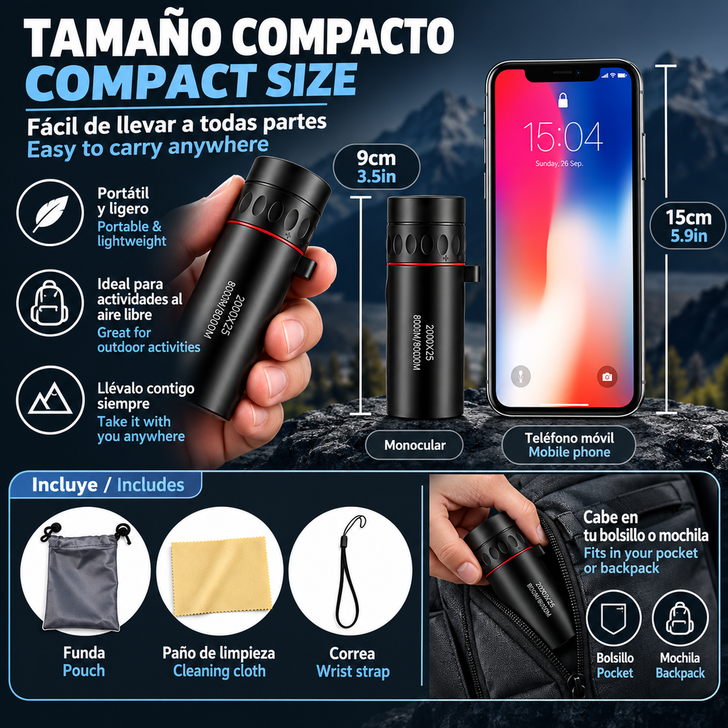 Telescopio Monocular HD de 2000x25, Gran Apertura, Imágenes HD Portátil para acampar al aire libre de uso libre y para moviles
