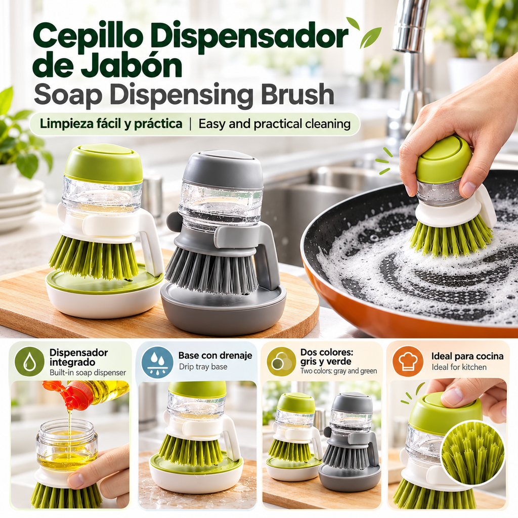 Cepillo dispensador de jabón para productos de cocina, cepillos para fregar, fregador de platos 2 en 1 con soporte