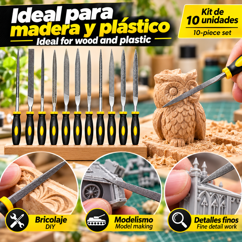 Juego de limas Kit 10uidades de precisión con agujas de acero de alto contenido de carbono, mangos ergonómicos antideslizantes