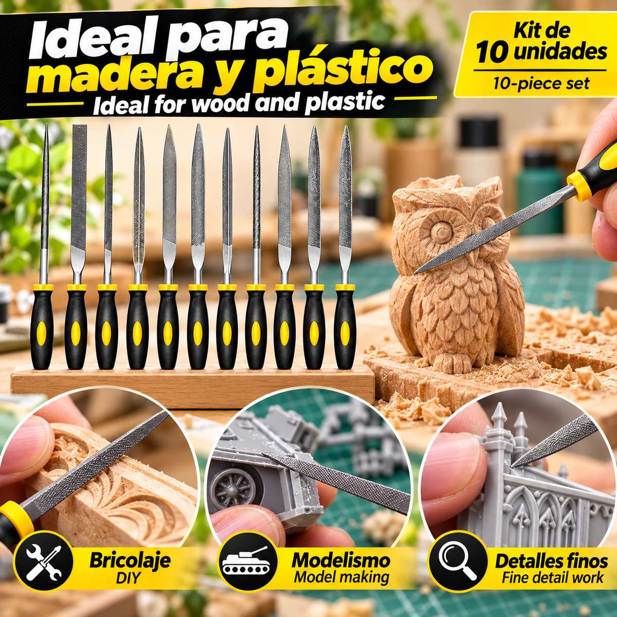 Juego de limas Kit 10uidades de precisión con agujas de acero de alto contenido de carbono, mangos ergonómicos antideslizantes