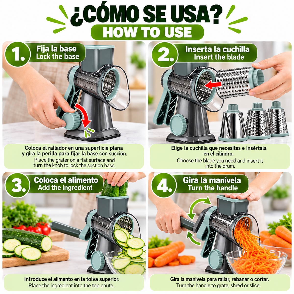 Rallador giratorio 3 en 1, rebanador Manual versátil para distintos tipos de comida, Herramienta Multifuncional de Cocina