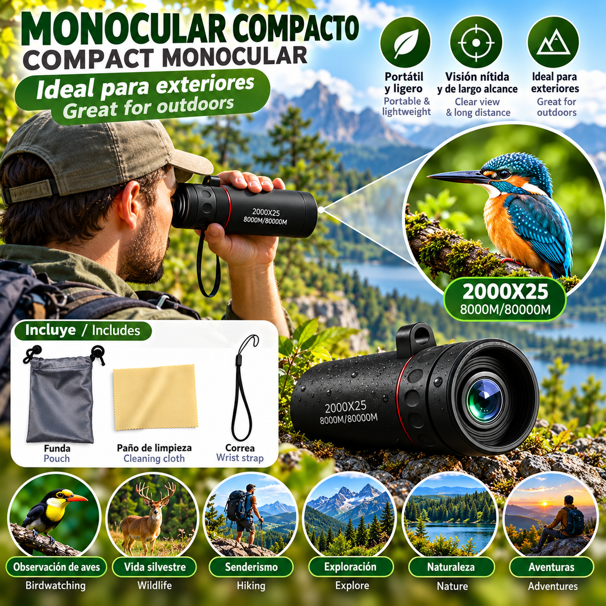 Telescopio Monocular HD de 2000x25, Gran Apertura, Imágenes HD Portátil para acampar al aire libre de uso libre y para moviles