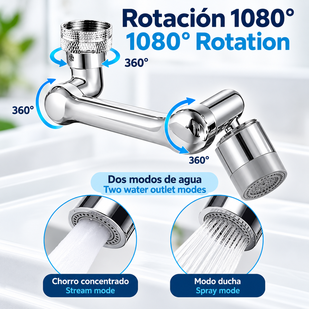 Extensor de Grifo Giratorio 1080° ° Boquilla giratoria para grifo de agua, adaptador universal para grifo con 2 modos