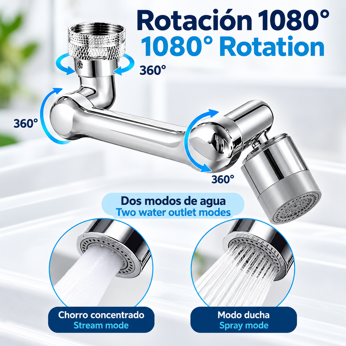 Extensor de Grifo Giratorio 1080° ° Boquilla giratoria para grifo de agua, adaptador universal para grifo con 2 modos