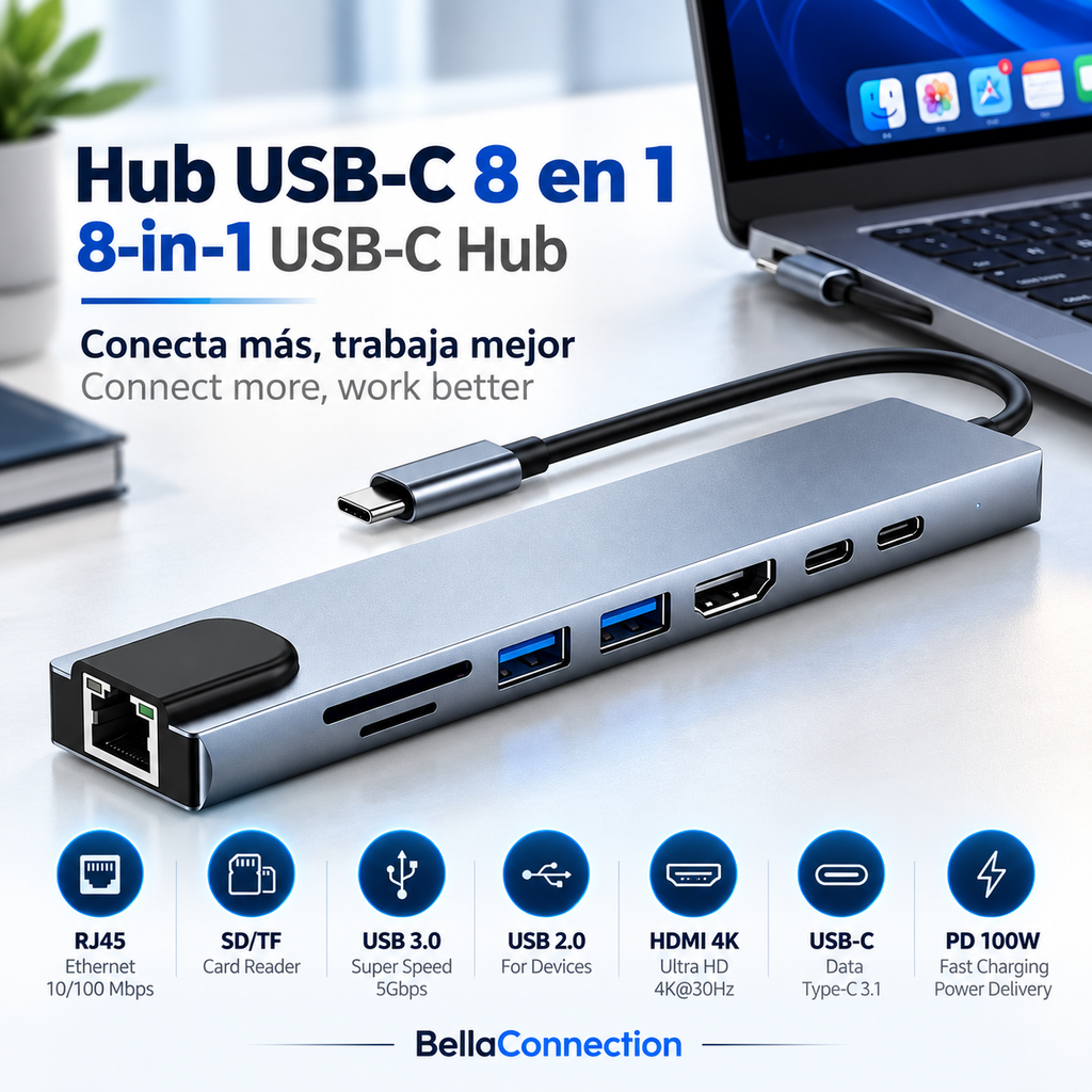 Hub USB C 8 en 1 Adaptadores Flash, estacion para 8 conectores diferentes, HDMI 4K, Ethernet, USB 3.0 y PD 100W para MacBook, Portátil, Laptop
