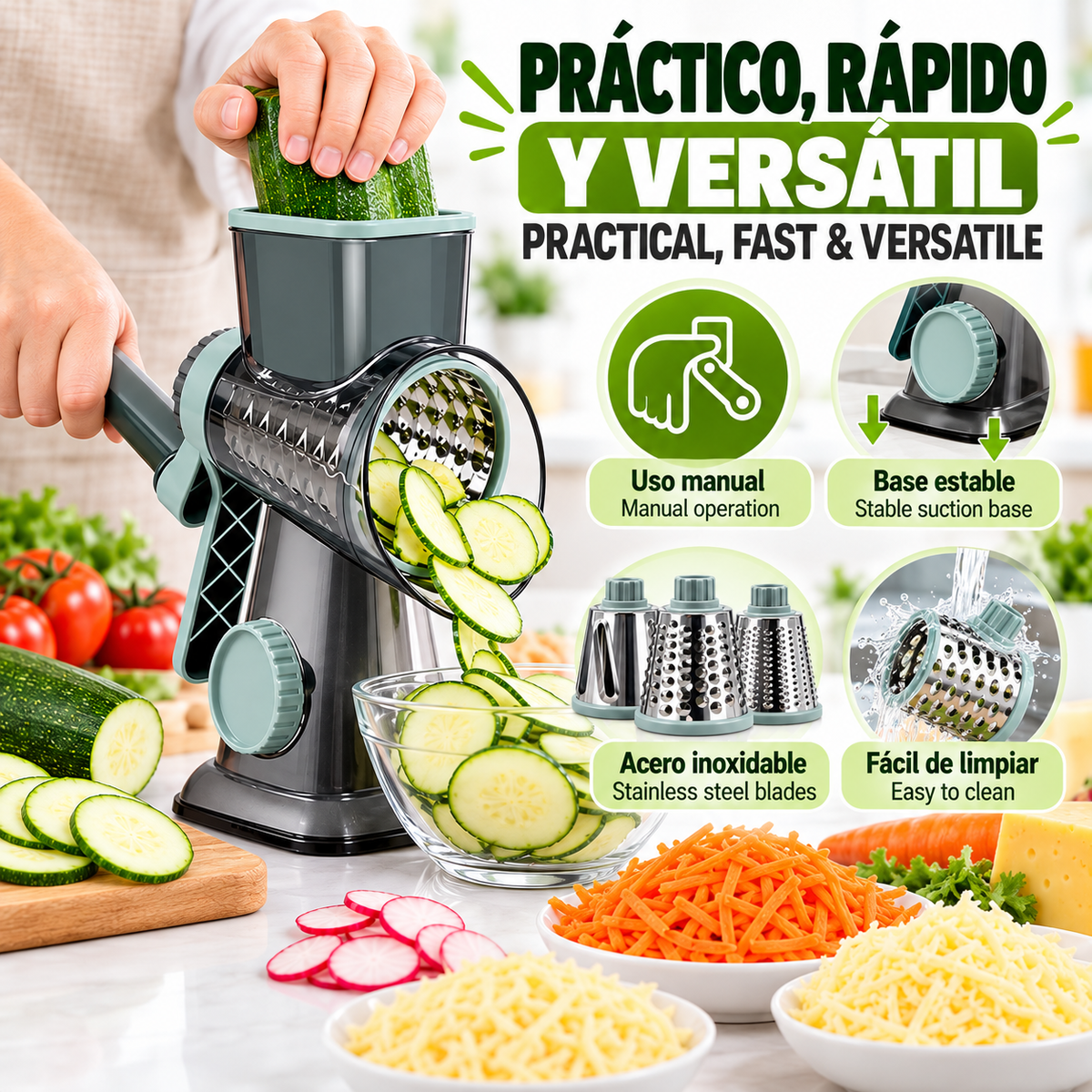 Rallador giratorio 3 en 1, rebanador Manual versátil para distintos tipos de comida, Herramienta Multifuncional de Cocina