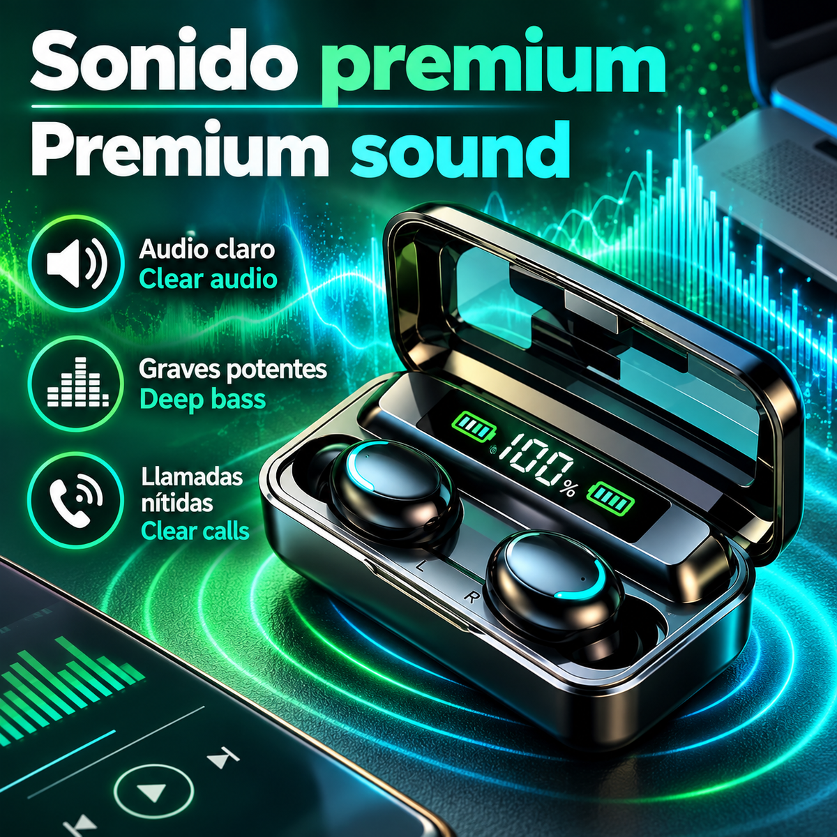 Auriculares inalámbricos F9 LED Manos Libres con Control Táctil, TWS Auriculares inalámbricos con Bluetooth 5.0, Sonido Estéreo bajos Profundos, Audífonos Deportivos