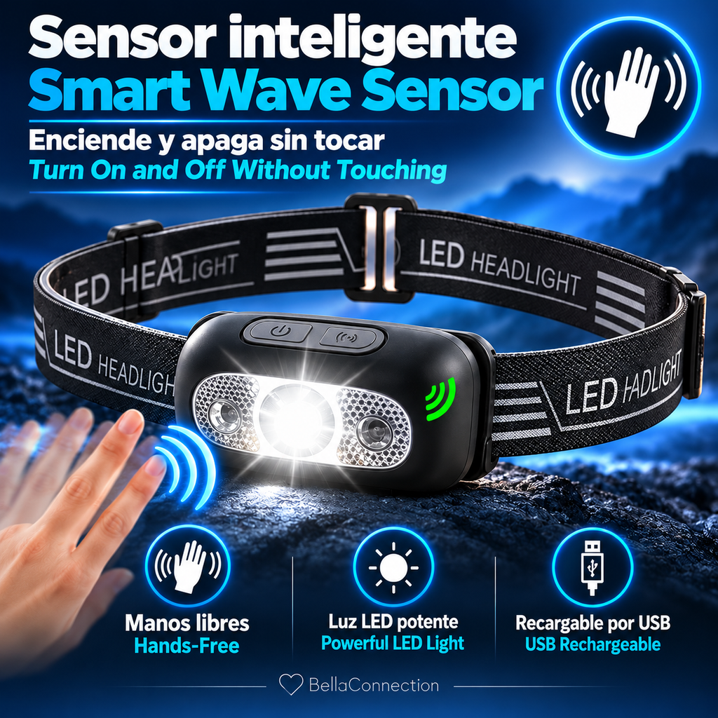 Linterna frontal potente, portátil con sensor LED Recargable por USB, lámpara de iluminación exterior con multiples usos